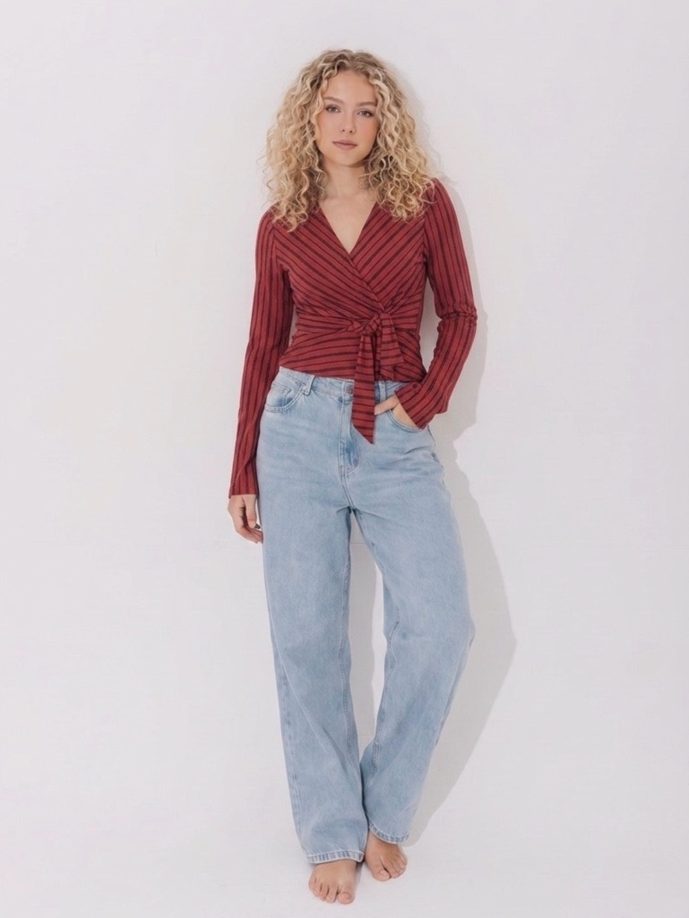 Derek Heart Burgundy Red Striped Tie-Waist Long Sleeve Top